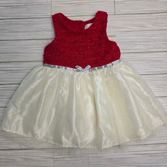 Nannette Baby Girls Red Sparkle Dress Silver Ribbon Bow Party Holiday 12M - Picture 1 of 7